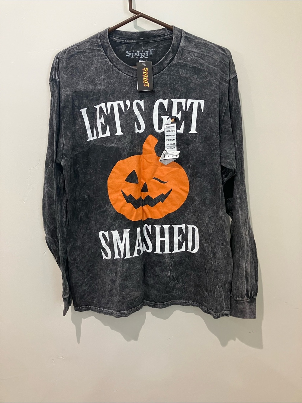 NWT Spirit Acid Wash Black Long-Sleeve 'Let's Get Smashed' Pumpkin Halloween Tee